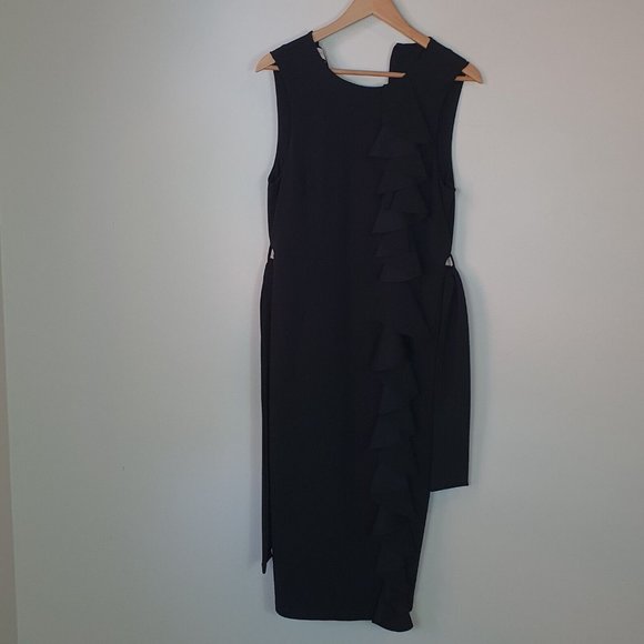 Pasduchas ruffle Midi Dress Black Size 14 w" belt short sleeve cocktail races - Picture 4 of 9